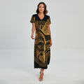 Gold Viking God Odin And Crow Print Short Sleeve Maxi Dress