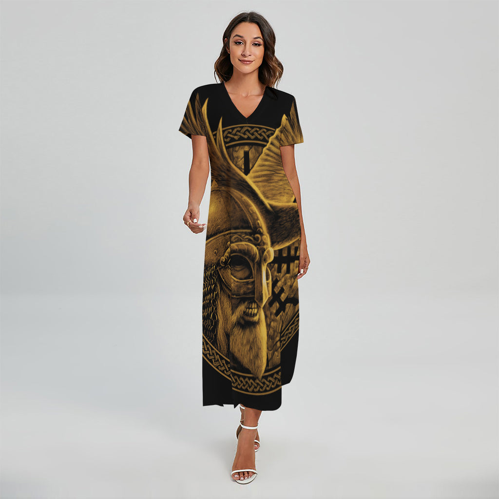 Gold Viking God Odin And Crow Print Short Sleeve Maxi Dress