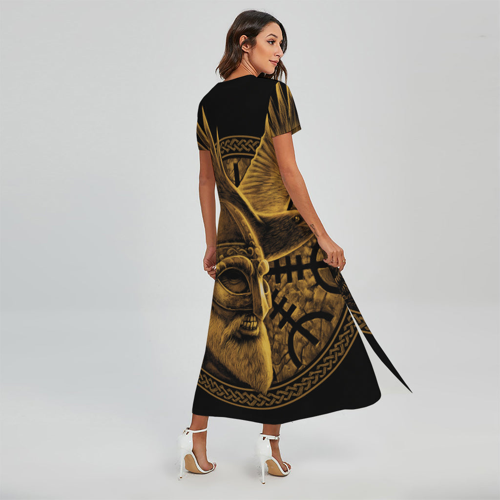Gold Viking God Odin And Crow Print Short Sleeve Maxi Dress