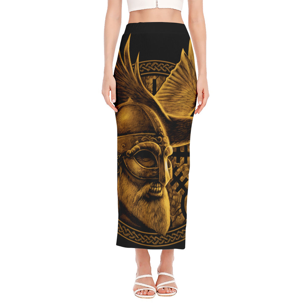 Gold Viking God Odin And Crow Print Side Slit Maxi Skirt
