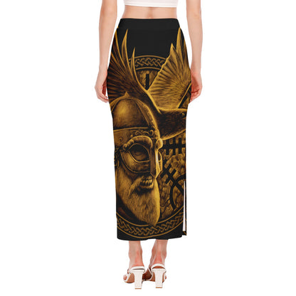 Gold Viking God Odin And Crow Print Side Slit Maxi Skirt