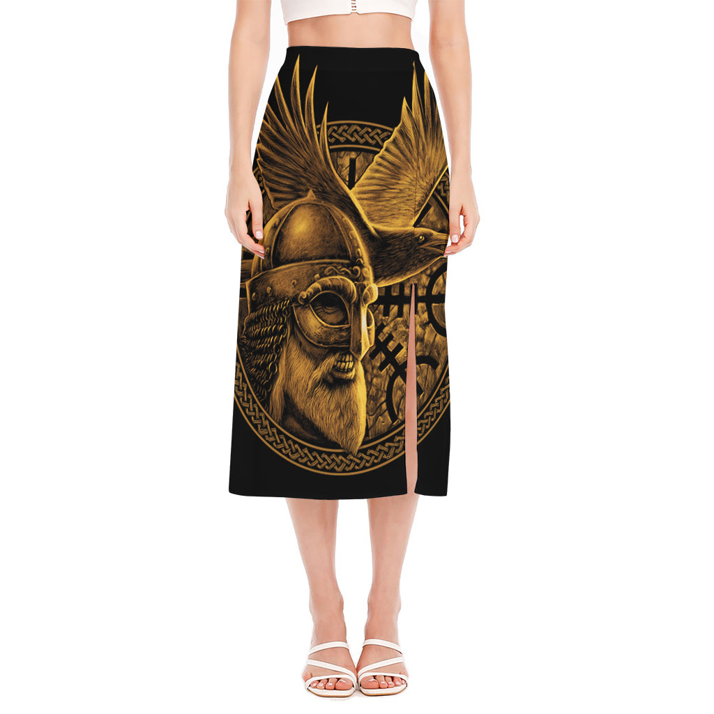 Gold Viking God Odin And Crow Print Side Slit Midi Skirt