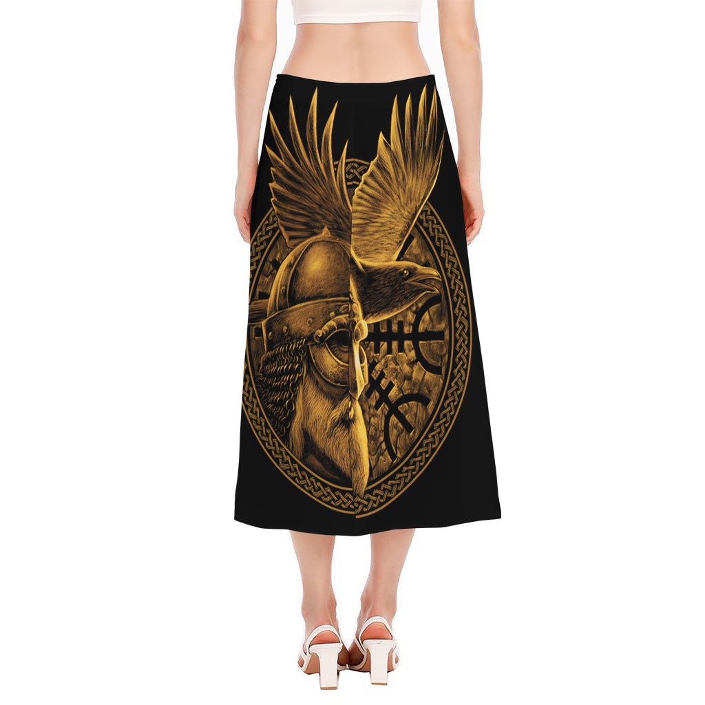 Gold Viking God Odin And Crow Print Side Slit Midi Skirt