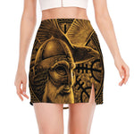 Gold Viking God Odin And Crow Print Side Slit Mini Skirt