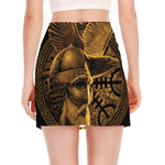 Gold Viking God Odin And Crow Print Side Slit Mini Skirt