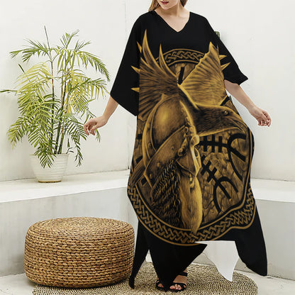 Gold Viking God Odin And Crow Print Silk V-Neck Kaftan Dress