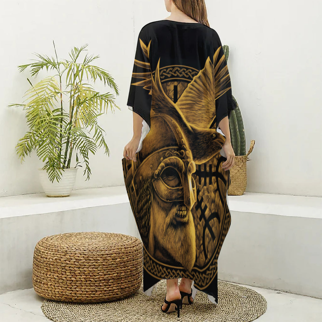 Gold Viking God Odin And Crow Print Silk V-Neck Kaftan Dress