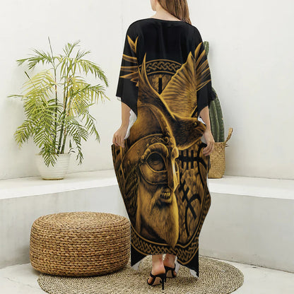 Gold Viking God Odin And Crow Print Silk V-Neck Kaftan Dress