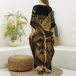 Gold Viking God Odin And Crow Print Silk V-Neck Kaftan Dress