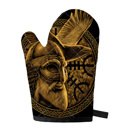 Gold Viking God Odin And Crow Print Single Oven Mitt