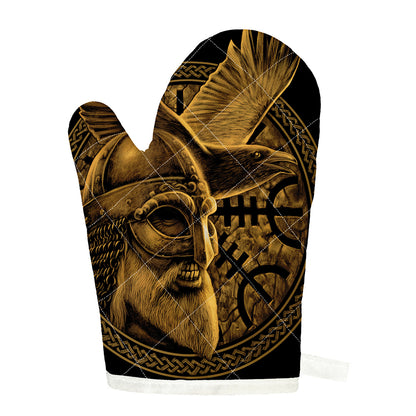 Gold Viking God Odin And Crow Print Single Oven Mitt