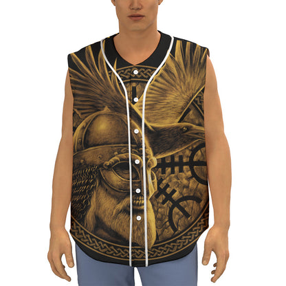 Gold Viking God Odin And Crow Print Sleeveless Baseball Jersey