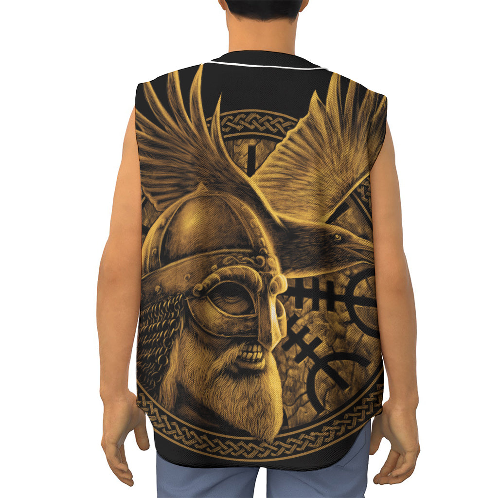 Gold Viking God Odin And Crow Print Sleeveless Baseball Jersey