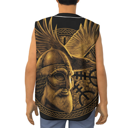 Gold Viking God Odin And Crow Print Sleeveless Baseball Jersey