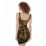 Gold Viking God Odin And Crow Print Sleeveless Bodycon Dress
