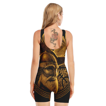 Gold Viking God Odin And Crow Print Sleeveless One Piece Swimsuit