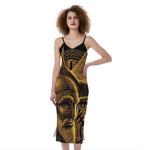 Gold Viking God Odin And Crow Print Slim Fit Midi Cami Dress