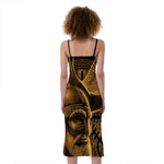 Gold Viking God Odin And Crow Print Slim Fit Midi Cami Dress