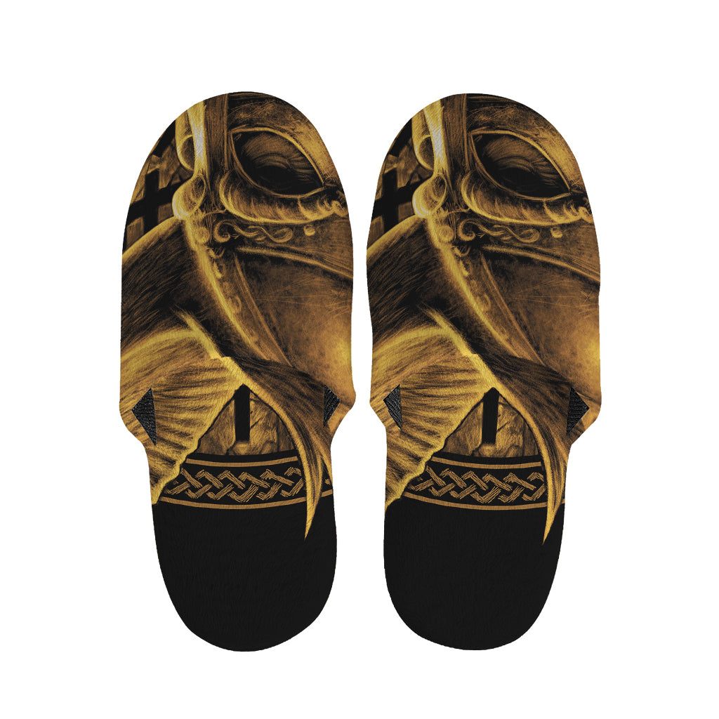 Gold Viking God Odin And Crow Print Slippers