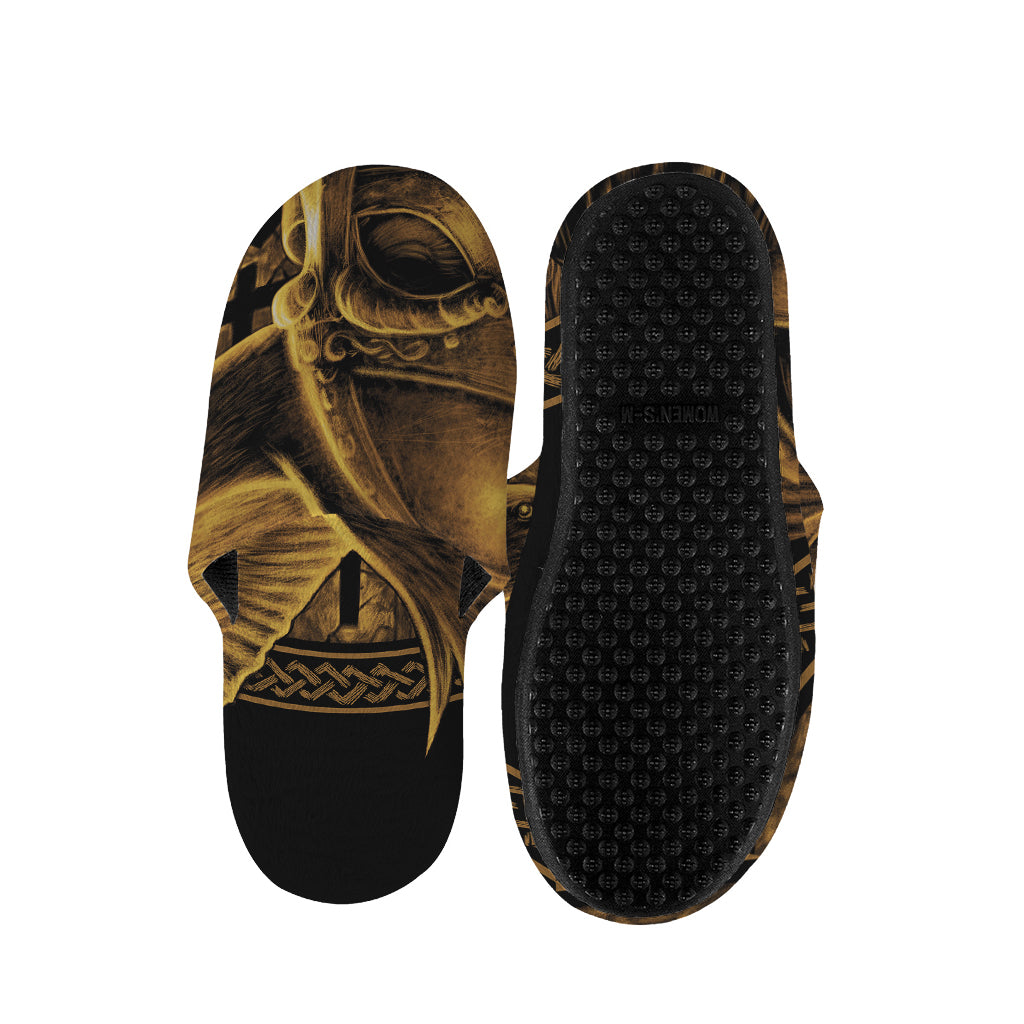 Gold Viking God Odin And Crow Print Slippers