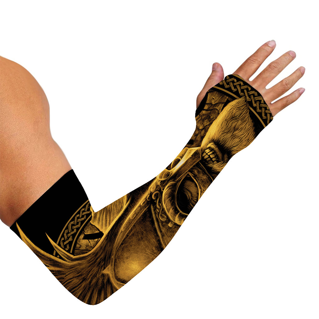Gold Viking God Odin And Crow Print Sun Protection Arm Sleeves