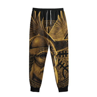 Gold Viking God Odin And Crow Print Sweatpants