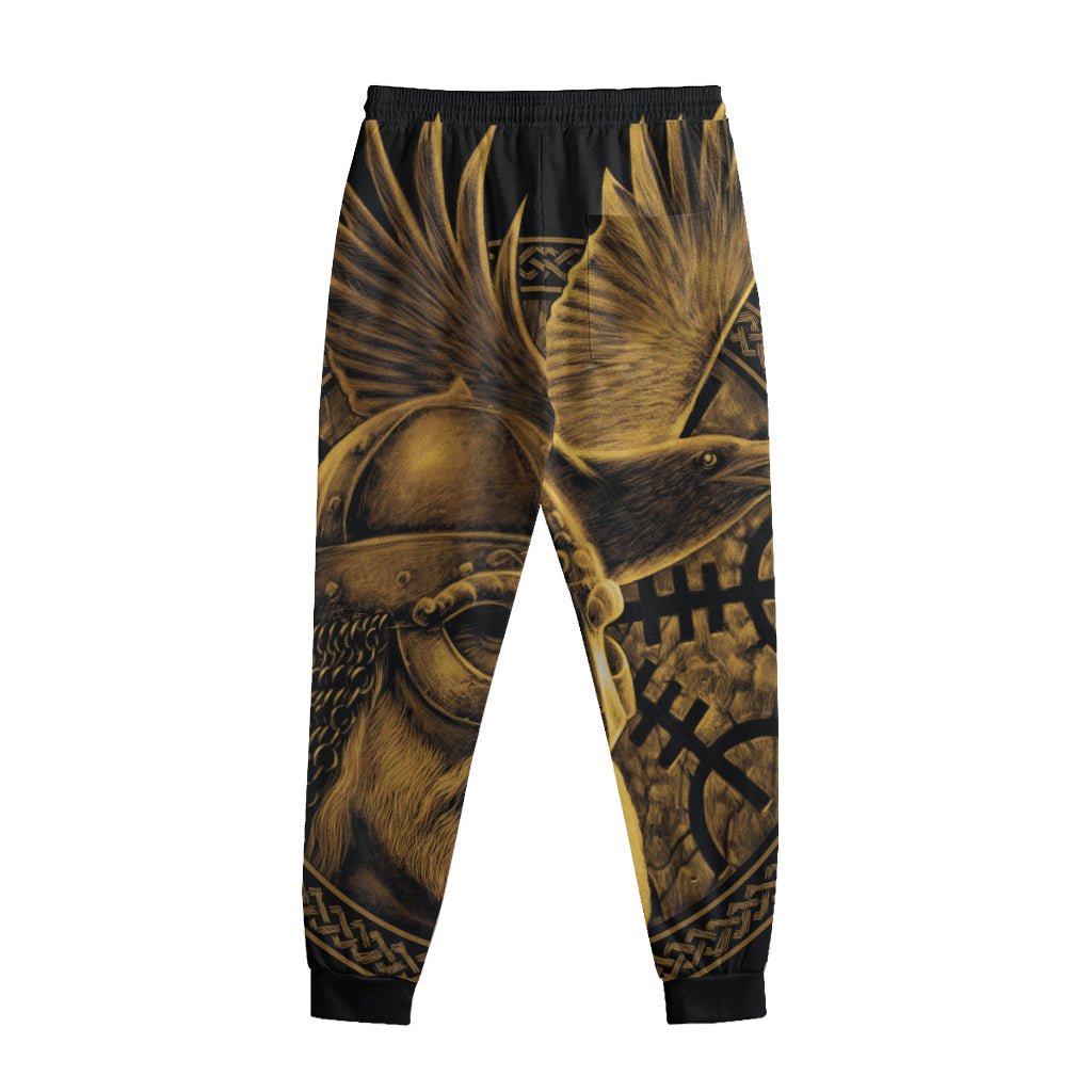 Gold Viking God Odin And Crow Print Sweatpants