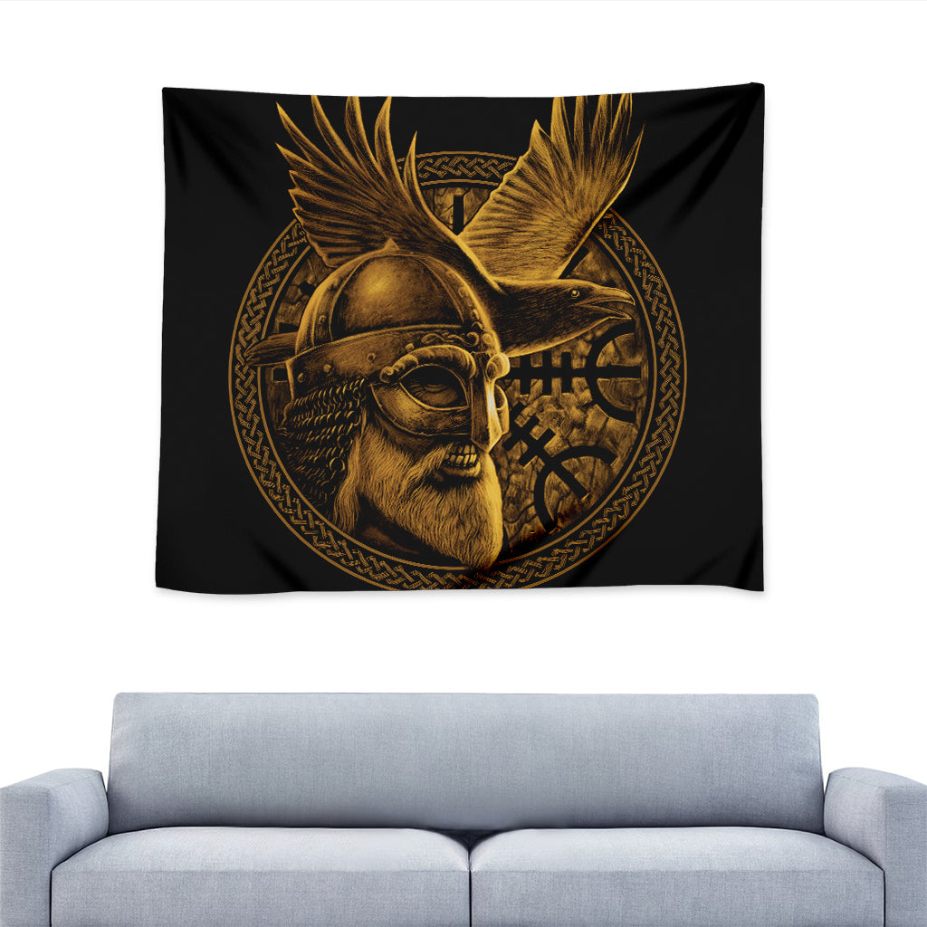 Gold Viking God Odin And Crow Print Tapestry
