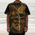 Gold Viking God Odin And Crow Print Textured Short Sleeve Shirt
