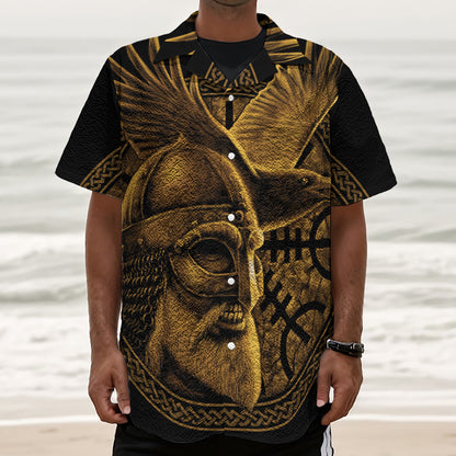 Gold Viking God Odin And Crow Print Textured Short Sleeve Shirt