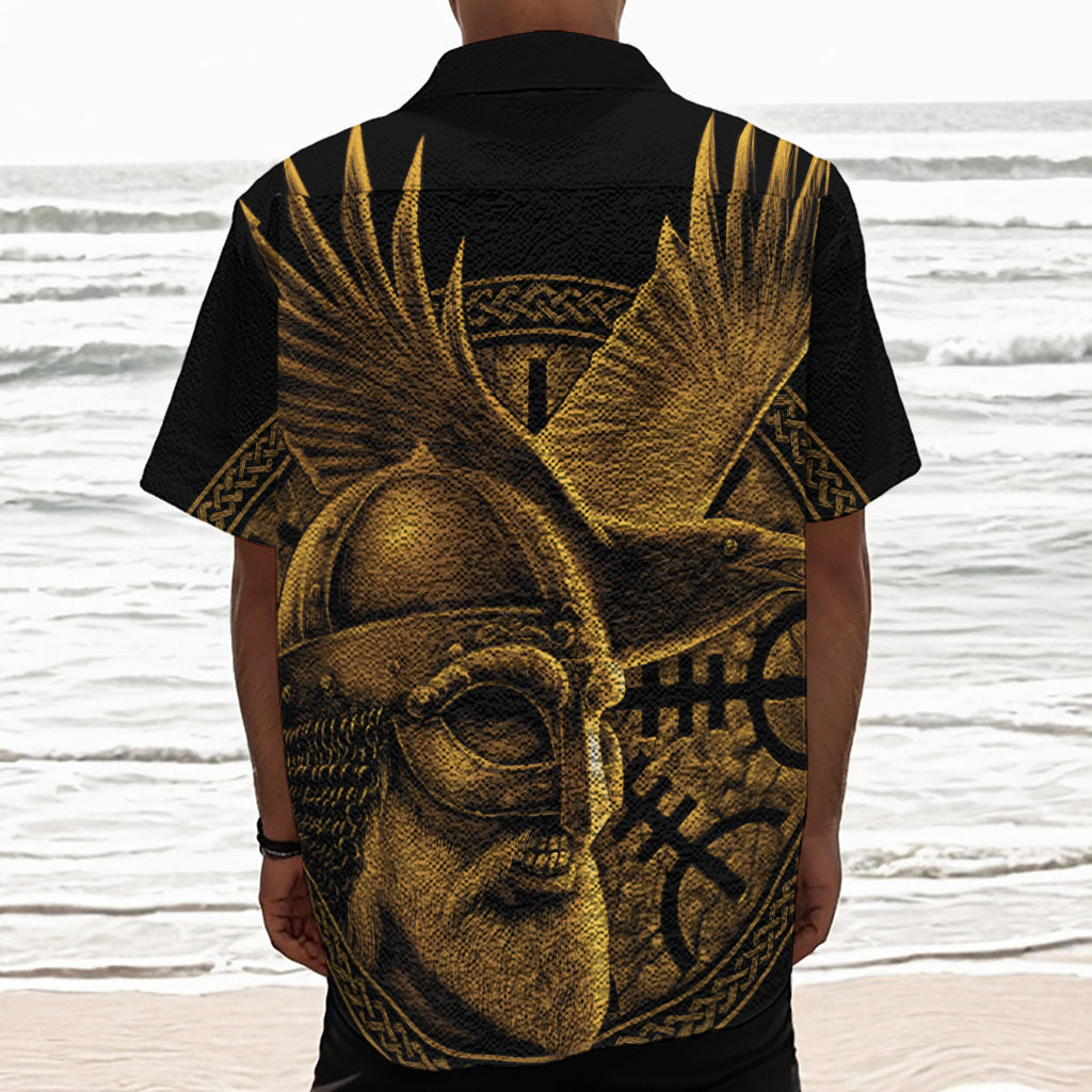 Gold Viking God Odin And Crow Print Textured Short Sleeve Shirt