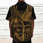Gold Viking God Odin And Crow Print Textured Short Sleeve Shirt