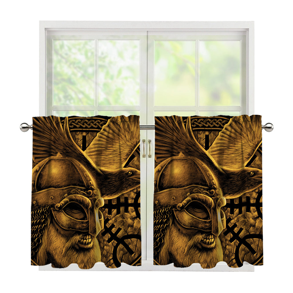Gold Viking God Odin And Crow Print Tier Curtains