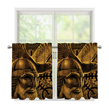 Gold Viking God Odin And Crow Print Tier Curtains