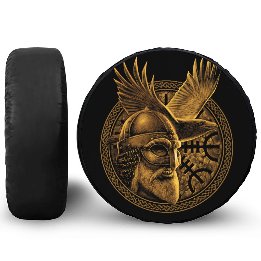 Gold Viking God Odin And Crow Print Tire Cover