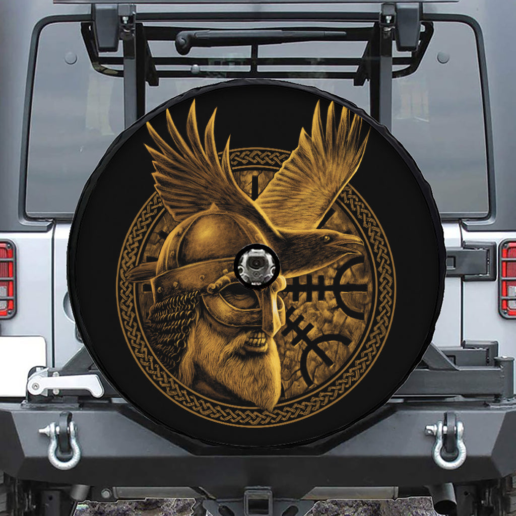 Gold Viking God Odin And Crow Print Tire Cover With Camera Hole