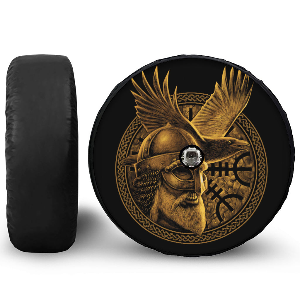 Gold Viking God Odin And Crow Print Tire Cover With Camera Hole