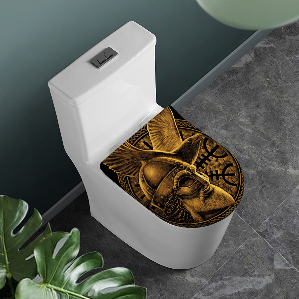 Gold Viking God Odin And Crow Print Toilet Lid Cover