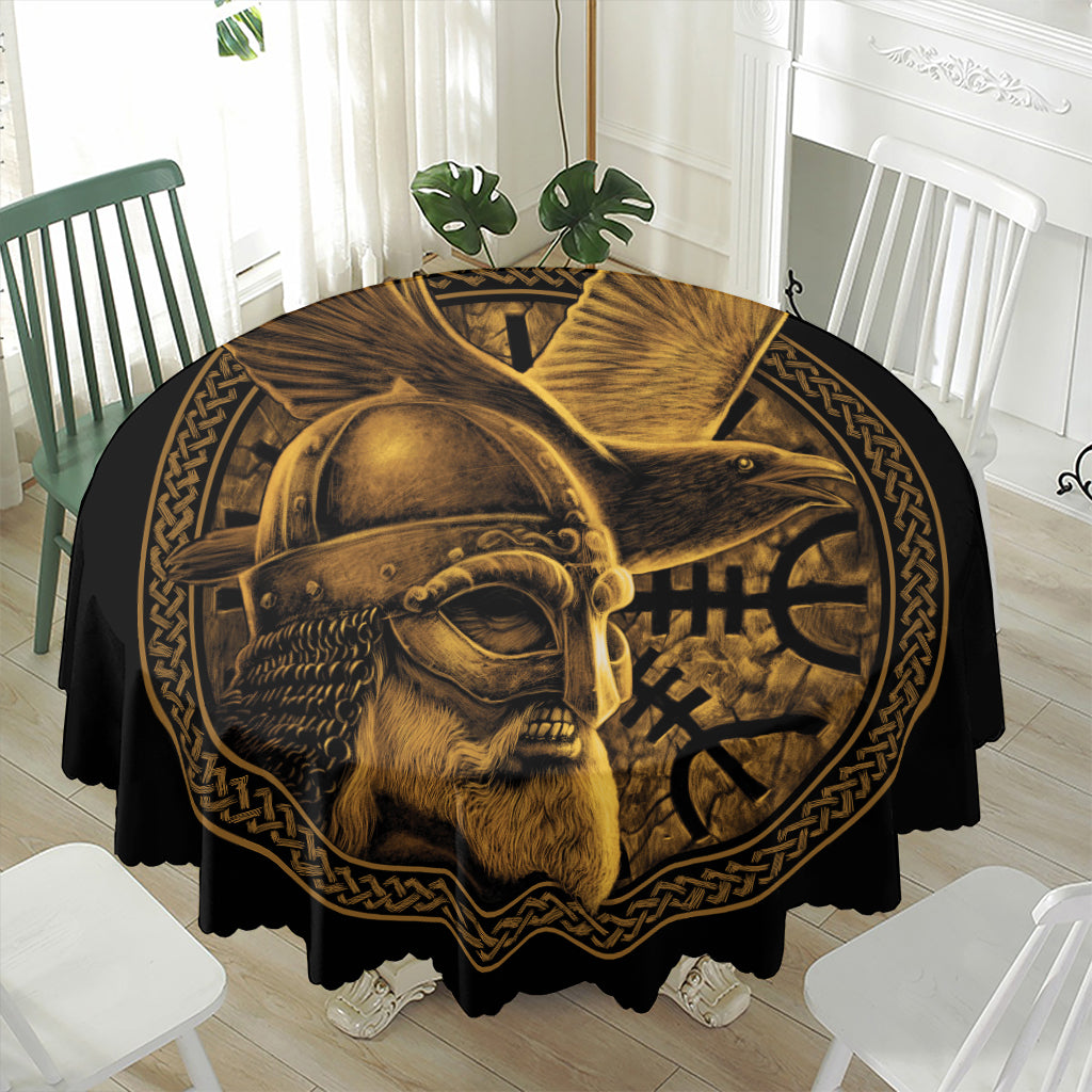 Gold Viking God Odin And Crow Print Waterproof Round Tablecloth
