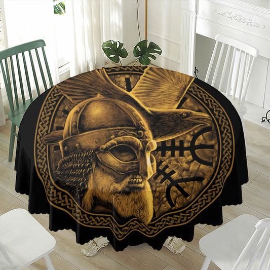 Gold Viking God Odin And Crow Print Waterproof Round Tablecloth