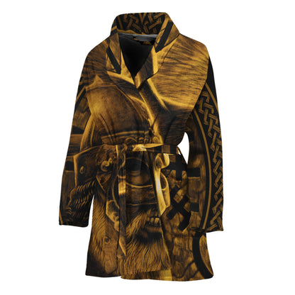 Gold Viking God Odin And Crow Print Women's Bathrobe