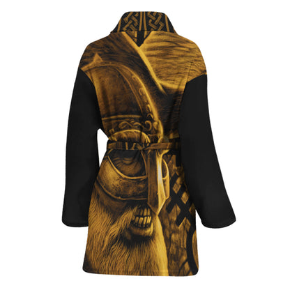Gold Viking God Odin And Crow Print Women's Bathrobe