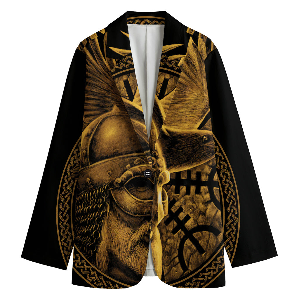 Gold Viking God Odin And Crow Print Women's Blazer