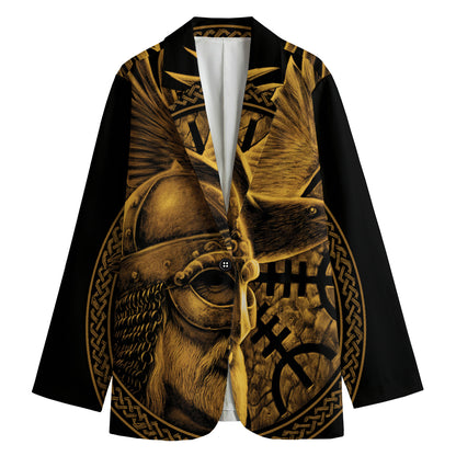 Gold Viking God Odin And Crow Print Women's Blazer