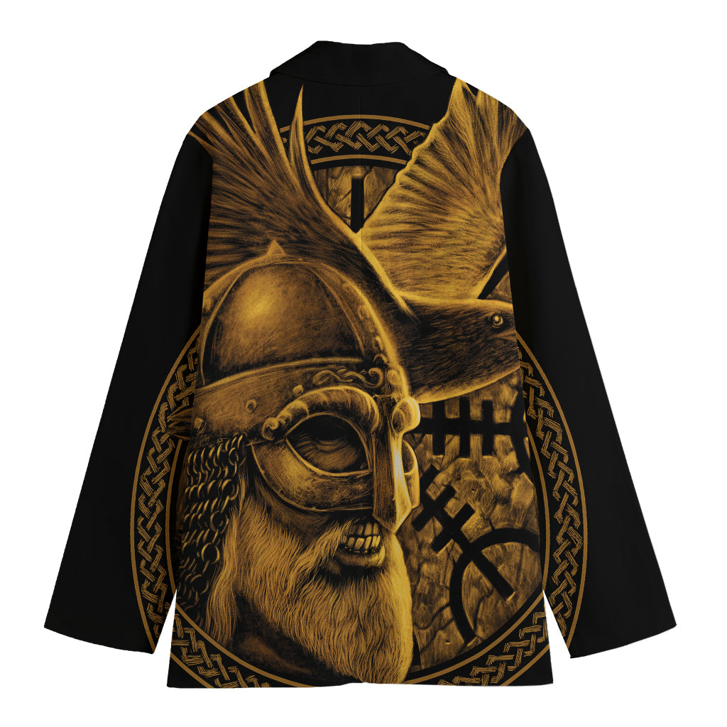 Gold Viking God Odin And Crow Print Women's Blazer