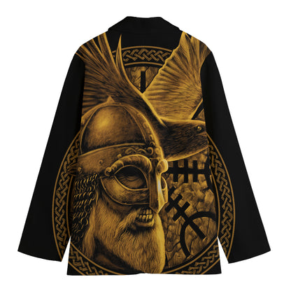 Gold Viking God Odin And Crow Print Women's Blazer