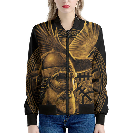 Gold Viking God Odin And Crow Print Women's Bomber Jacket