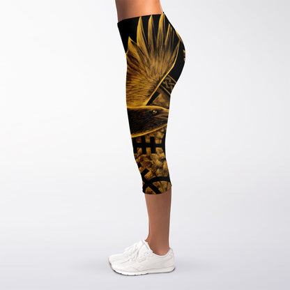 Gold Viking God Odin And Crow Print Women's Capri Leggings