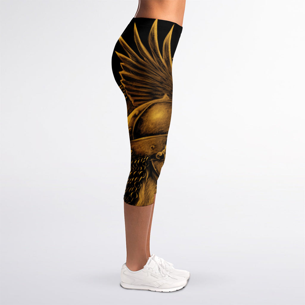 Gold Viking God Odin And Crow Print Women's Capri Leggings