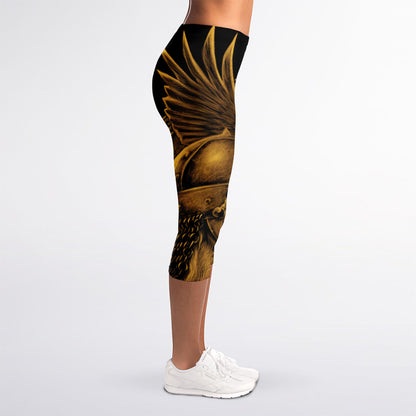 Gold Viking God Odin And Crow Print Women's Capri Leggings